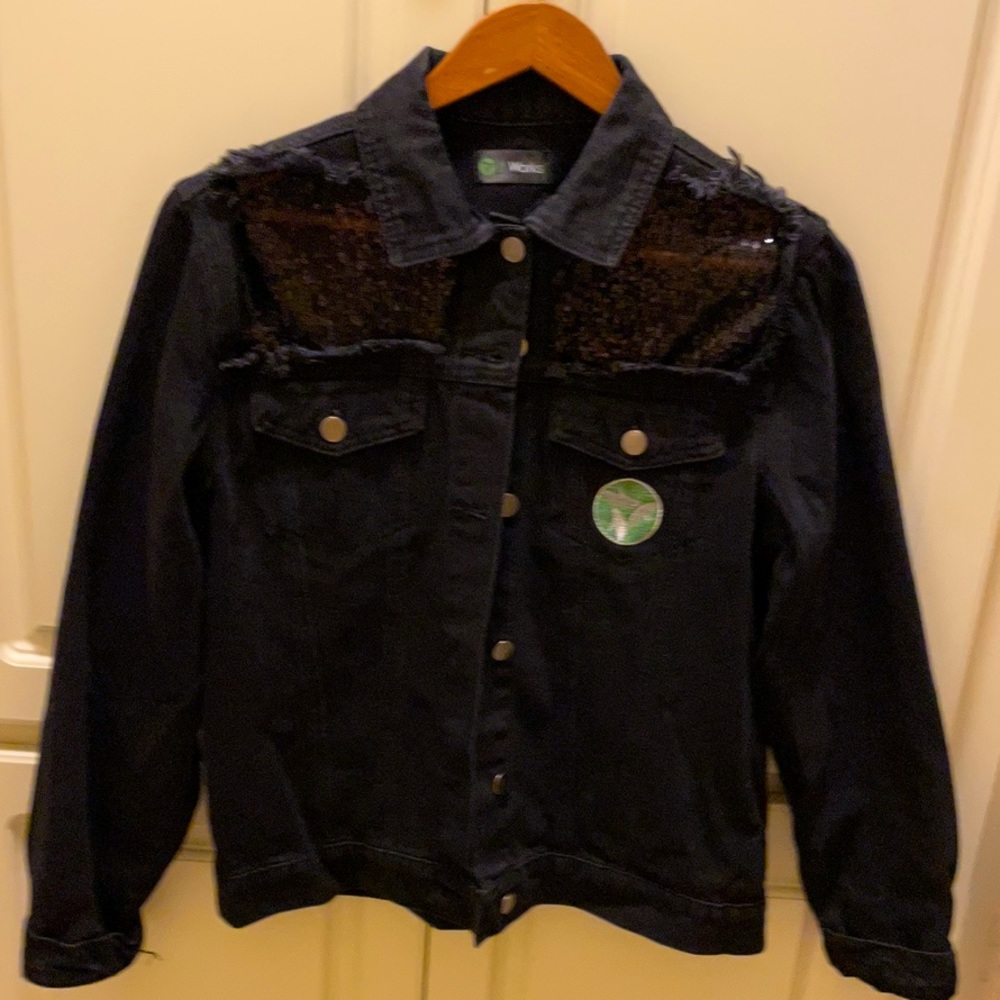 Denim jacket, sequins shoulders, front & back patch “It Works”!  Worn once.